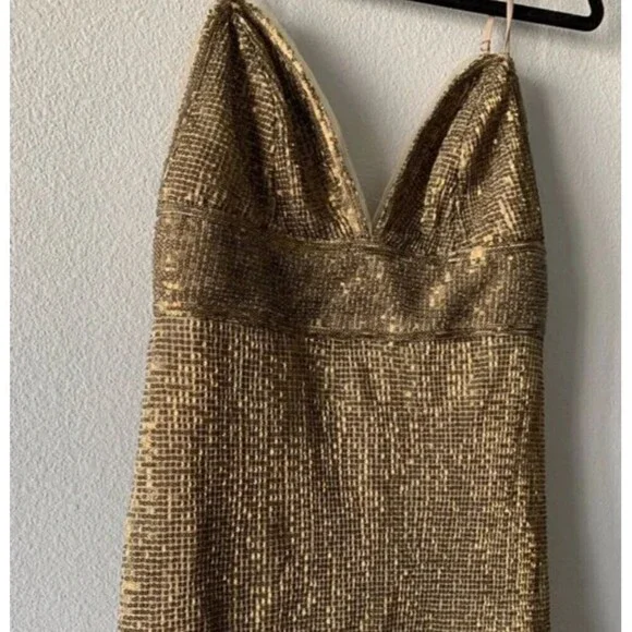 NEW FREE PEOPLE X SAYLOR Sz X-Small FRANKIE SEQUIN MESH MINI SLIP DRESS Gold - Picture 8 of 13